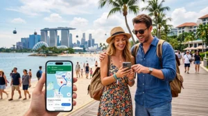 Tourists using mobile internet during a Singapore holiday with eSIM for maps, attractions, Grab and travel apps