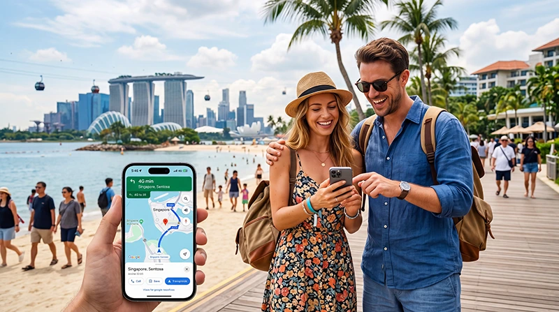 Tourists using mobile internet during a Singapore holiday with eSIM for maps, attractions, Grab and travel apps