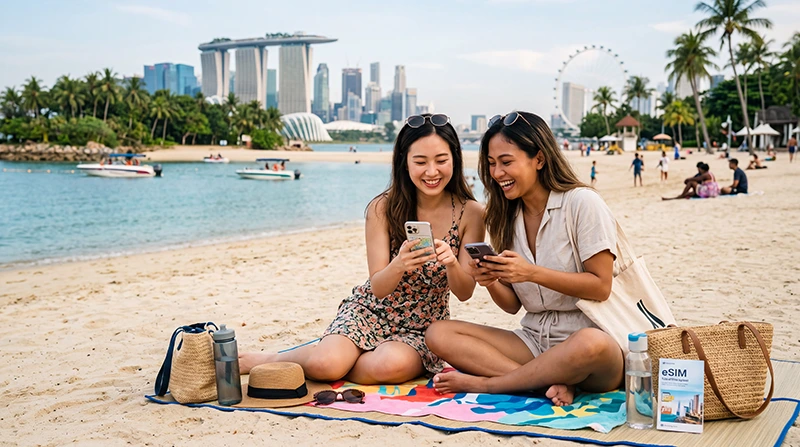 Tourist using mobile internet during Singapore vacation with eSIM for maps, Grab, MRT and travel apps