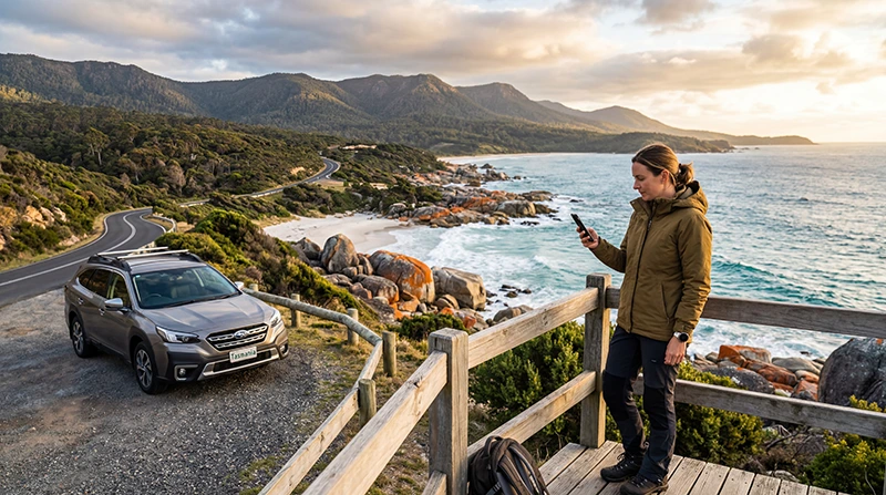 Traveler using mobile internet during a Tasmania road trip while driving through scenic coastal landscapes