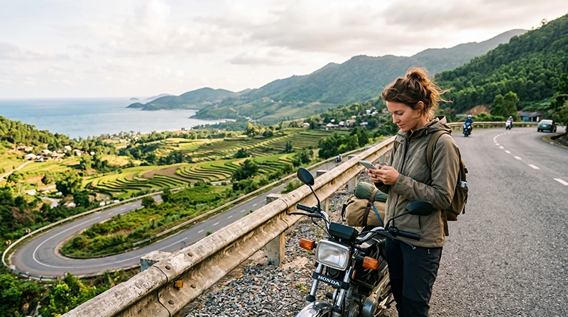 Traveler using mobile internet during a Vietnam road trip through mountains and coastal highways