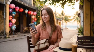 Tourist using mobile internet during a vacation in Vietnam