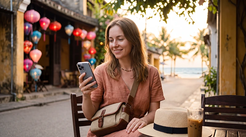 Tourist using mobile internet during a vacation in Vietnam