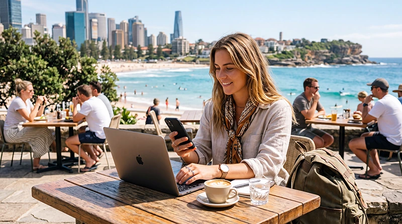 Working holiday traveler using mobile internet while working remotely in Australia