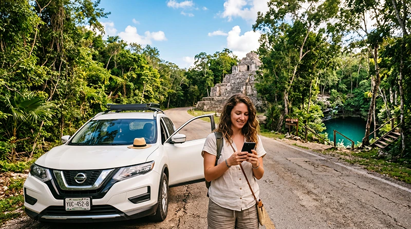 Traveler using smartphone with mobile internet during a road trip across Yucatan Mexico