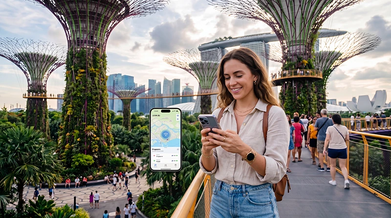 Tourist using mobile internet at Gardens by the Bay Singapore with eSIM for maps, attraction tickets and travel apps