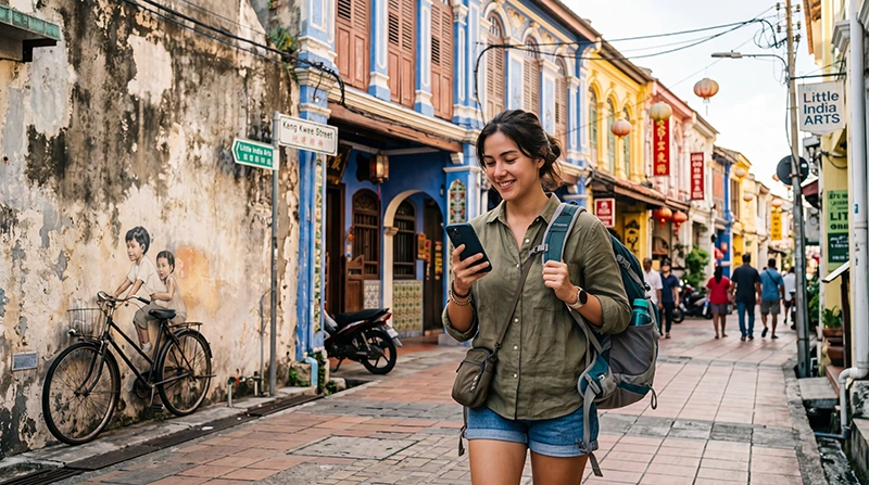 Tourist using mobile internet while exploring George Town heritage streets in Penang Malaysia