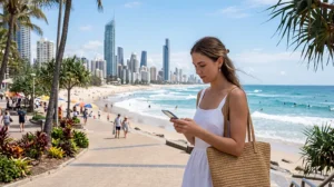 Tourist using mobile internet while exploring the Gold Coast Australia