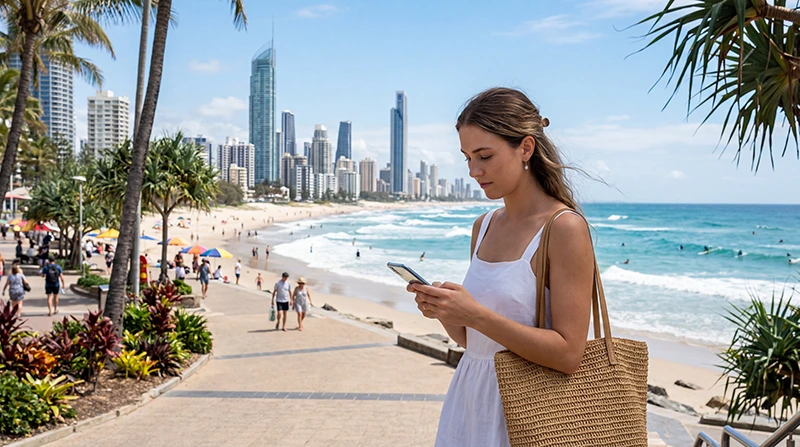 Tourist using mobile internet while exploring the Gold Coast Australia