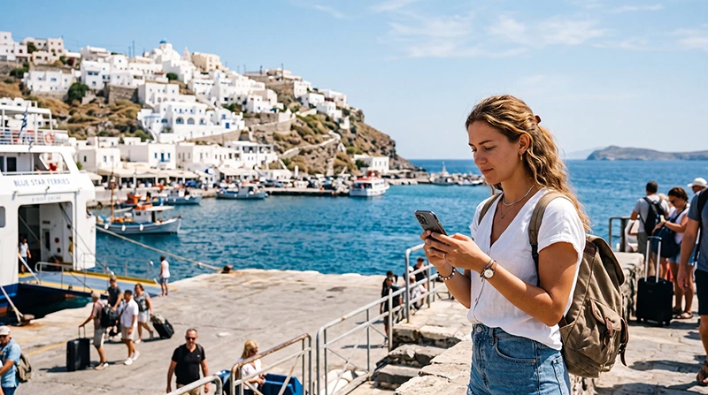Tourist in Greece using mobile internet near the Aegean Sea and ferry port
