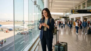 Traveler using mobile internet on smartphone after arriving at Guadalajara International Airport