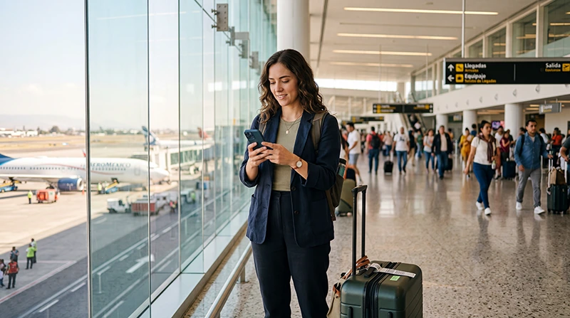 Traveler using mobile internet on smartphone after arriving at Guadalajara International Airport