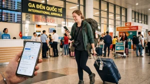 Traveler using mobile internet after arriving at Hanoi Airport in Vietnam