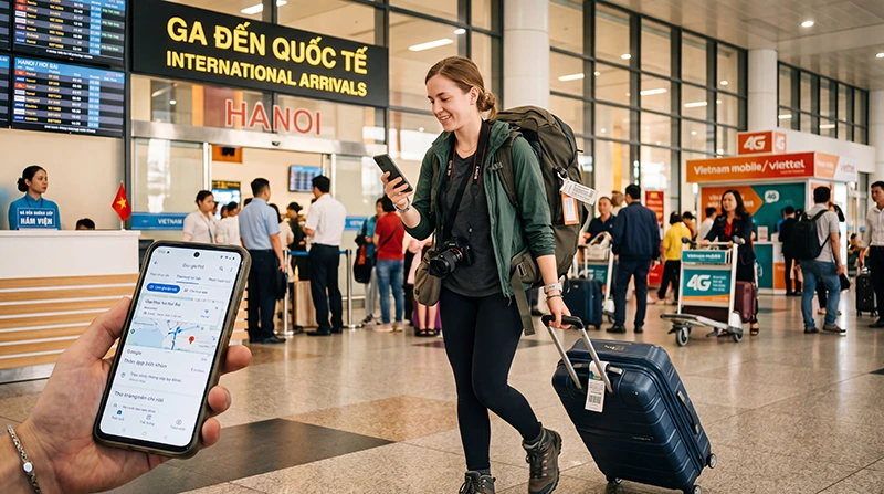 Traveler using mobile internet after arriving at Hanoi Airport in Vietnam
