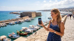 Tourist using mobile internet in Heraklion near the Venetian Harbor and Koules Fortress