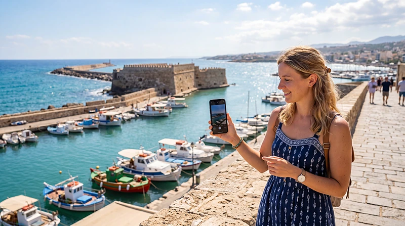 Tourist using mobile internet in Heraklion near the Venetian Harbor and Koules Fortress