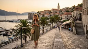 Tourist using mobile internet while exploring Herceg Novi in Montenegro