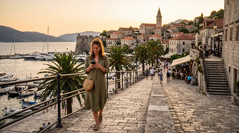 Tourist using mobile internet while exploring Herceg Novi in Montenegro