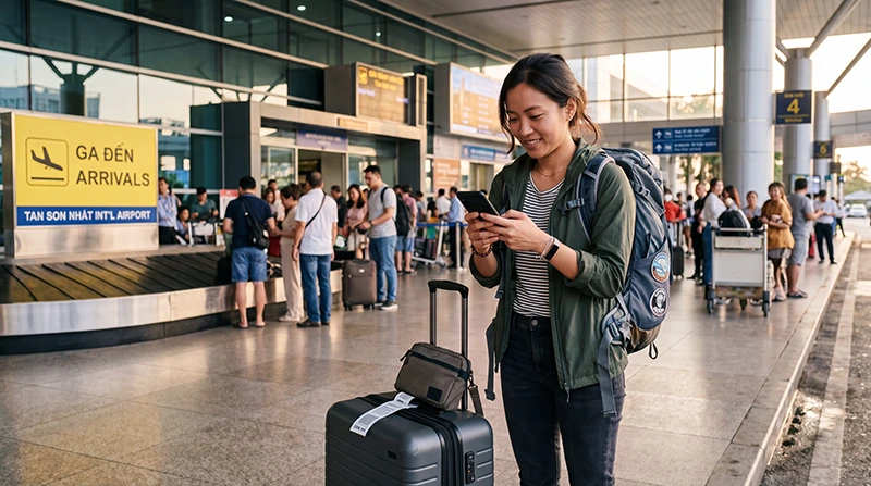 Traveler using mobile internet after arriving at Ho Chi Minh City Airport in Vietnam