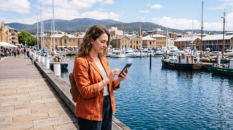 Tourist using mobile internet while exploring Hobart Tasmania Australia