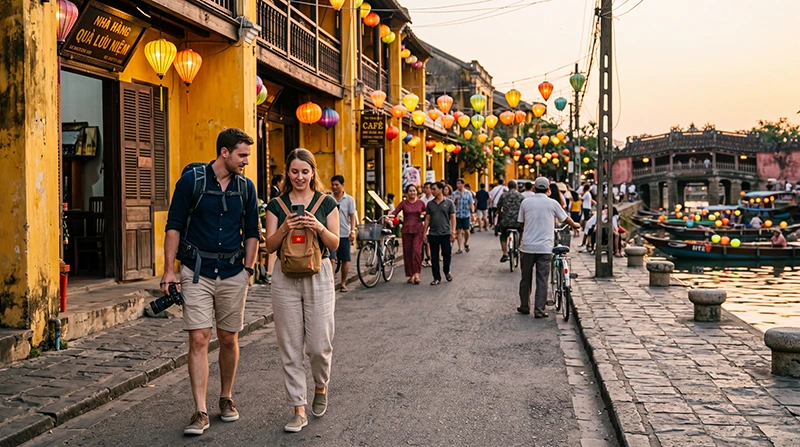 Tourists using mobile internet while exploring Hoi An Ancient Town in Vietnam