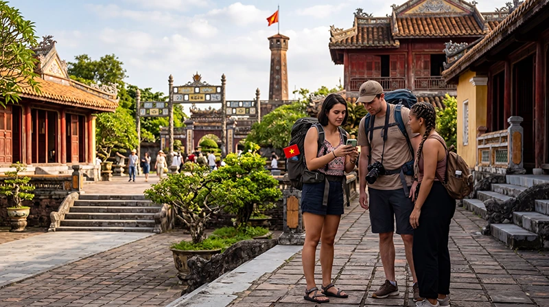 Tourists using mobile internet while exploring Hue Imperial City in Vietnam