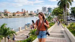 Tourist using mobile internet while exploring Iloilo City in the Philippines