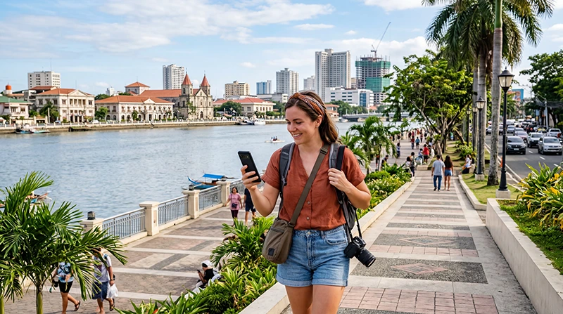 Tourist using mobile internet while exploring Iloilo City in the Philippines
