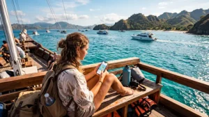 Traveler using mobile internet while island hopping across Bali, Lombok, Gili Islands and Komodo Islands in Indonesia