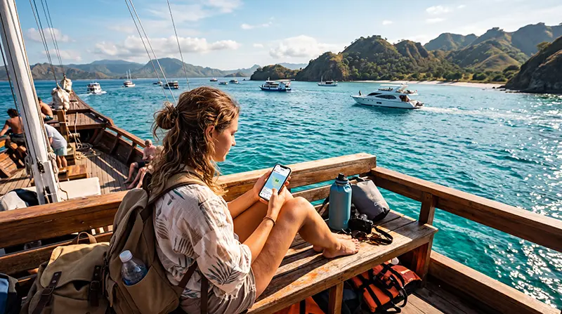 Traveler using mobile internet while island hopping across Bali, Lombok, Gili Islands and Komodo Islands in Indonesia