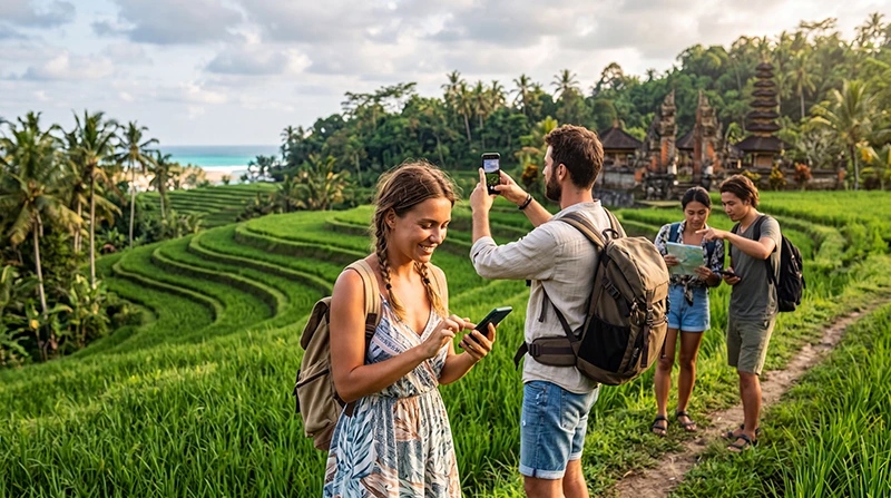 Tourists using mobile internet in Bali, Indonesia while navigating beaches, temples, and island destinations