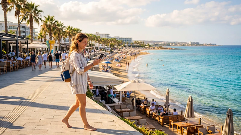 Tourist using mobile internet with an eSIM while visiting Long Beach in İskele, North Cyprus