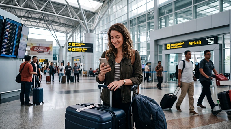 Traveler using mobile internet on a smartphone after arriving at Jakarta Airport in Indonesia