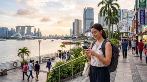 Tourist using mobile internet while exploring Johor Bahru city center in Malaysia