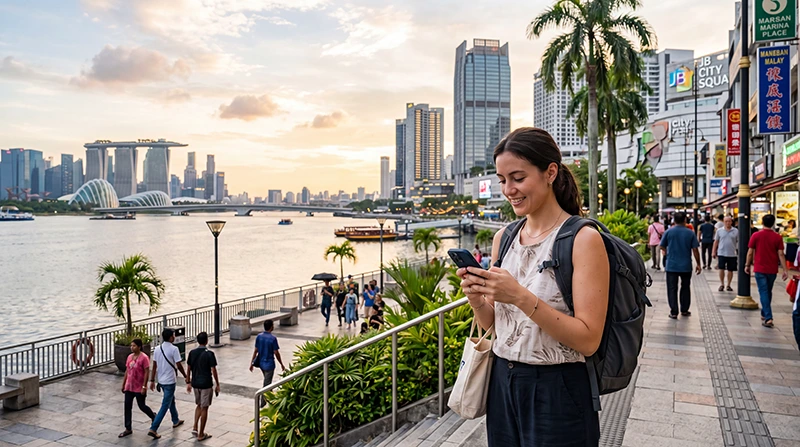 Tourist using mobile internet while exploring Johor Bahru city center in Malaysia