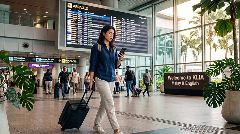 Traveler using mobile internet after arriving at KLIA Airport in Malaysia while navigating through the terminal