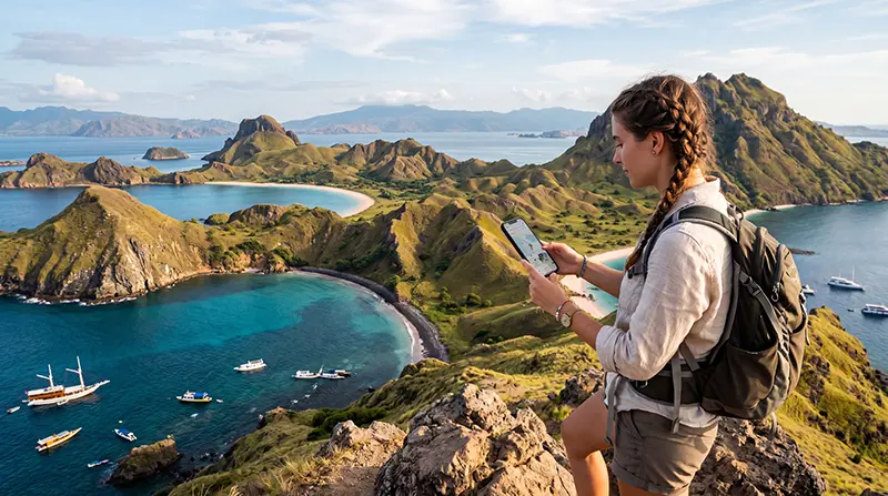 Tourist using mobile internet on a smartphone while exploring Komodo Islands and Komodo National Park in Indonesia