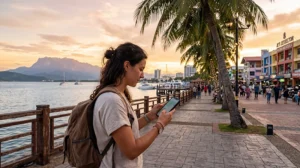 Tourist using mobile internet while exploring Kota Kinabalu waterfront in Sabah Malaysia