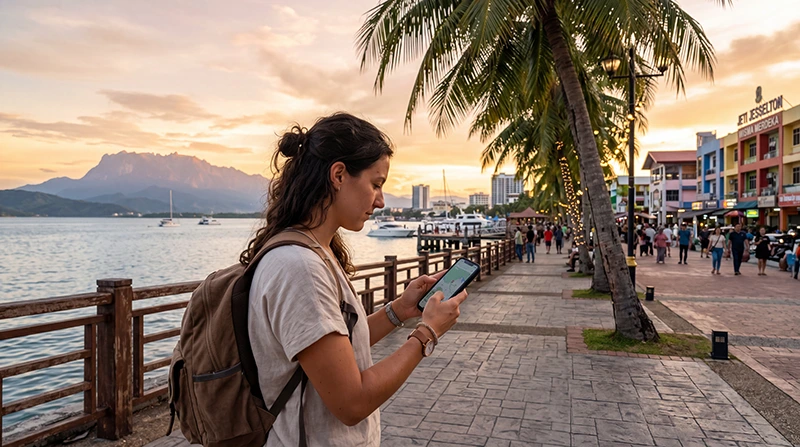 Tourist using mobile internet while exploring Kota Kinabalu waterfront in Sabah Malaysia