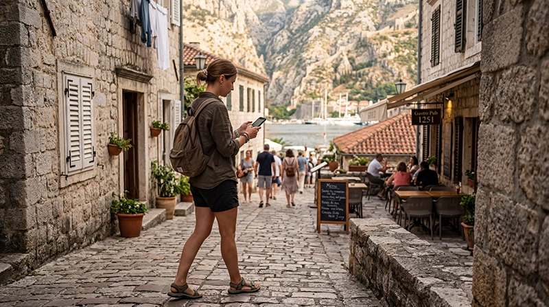 Tourist using mobile internet while exploring Kotor Old Town in Montenegro