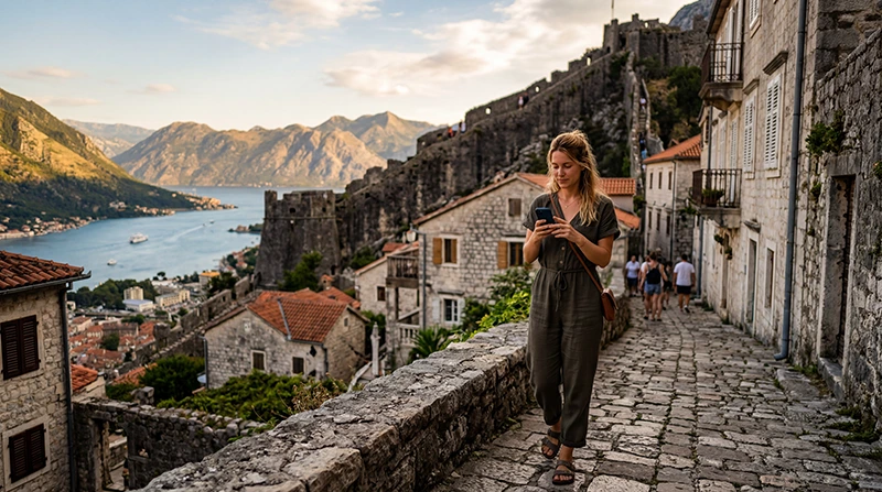 Tourist using mobile internet while exploring Kotor in Montenegro