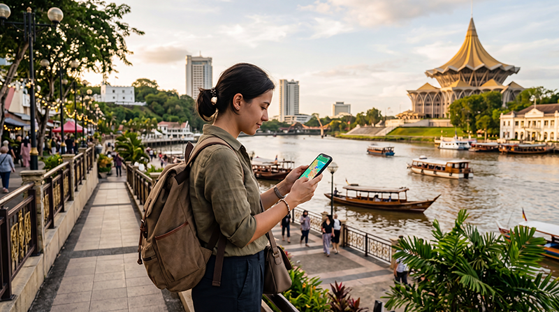 Tourist using mobile internet while exploring Kuching waterfront in Sarawak Malaysia