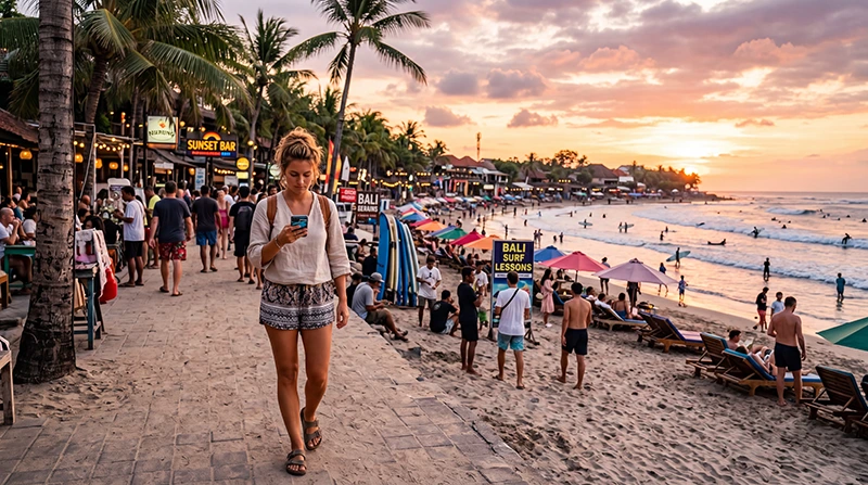 Tourist using mobile internet on a smartphone while walking near Kuta Beach in Bali, Indonesia