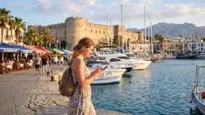 Tourist using mobile internet with an eSIM while exploring Kyrenia Harbour in North Cyprus