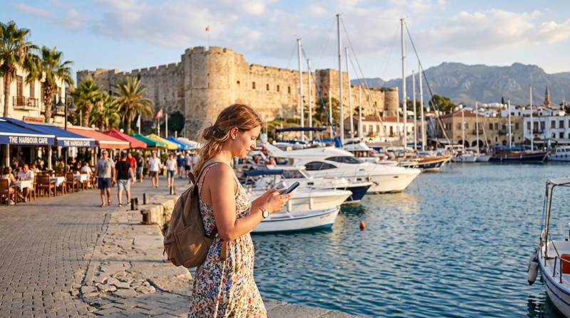 Tourist using mobile internet with an eSIM while exploring Kyrenia Harbour in North Cyprus