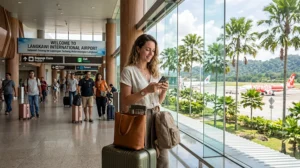 Traveler using mobile internet after arriving at Langkawi Airport in Malaysia