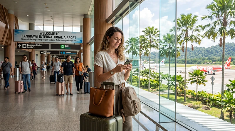 Traveler using mobile internet after arriving at Langkawi Airport in Malaysia