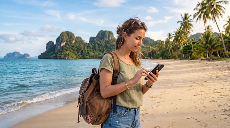 Tourist using mobile internet while exploring Langkawi island in Malaysia