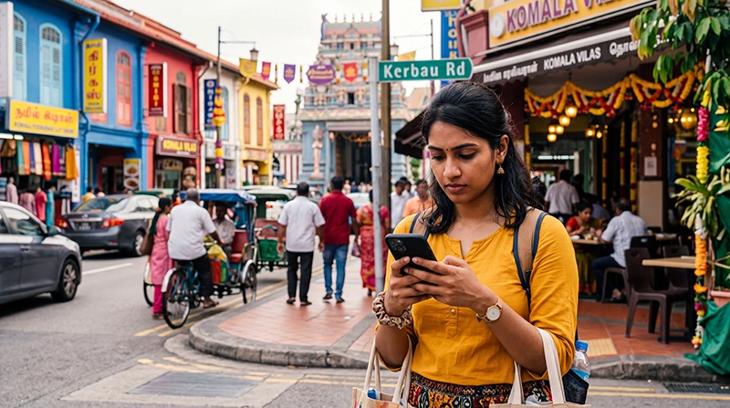 Tourist using mobile internet in Little India Singapore with eSIM for maps, food, MRT and travel apps