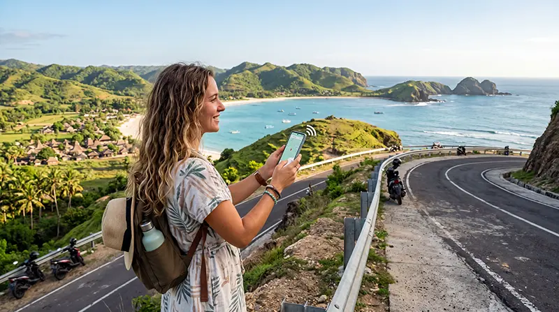 Tourist using mobile internet on a smartphone while exploring Lombok Island in Indonesia